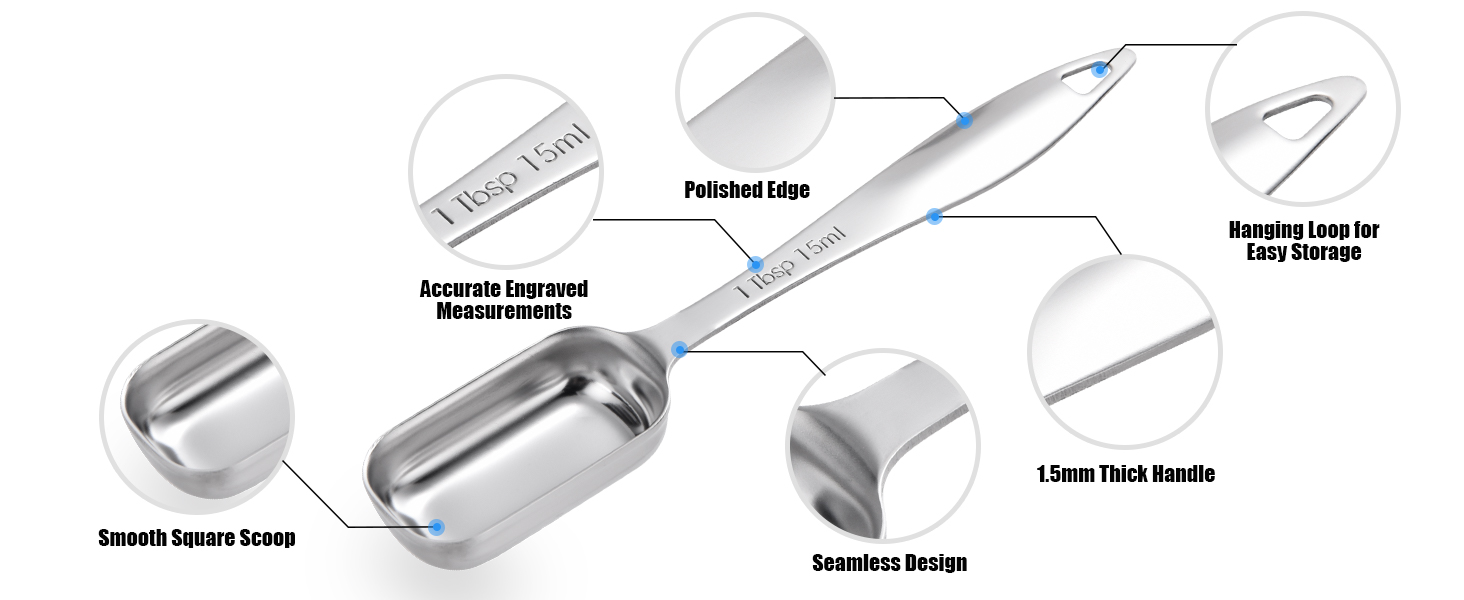 18/8 Stainless Steel Measuring Spoons: Doosu Heavy Duty Rectangular Spoon Square Teaspoon Tablespoon Scoop with Slim Long Handle in Narrow Spice Jar for Kitchen Baking Cooking (Set of 8 with Leveler)