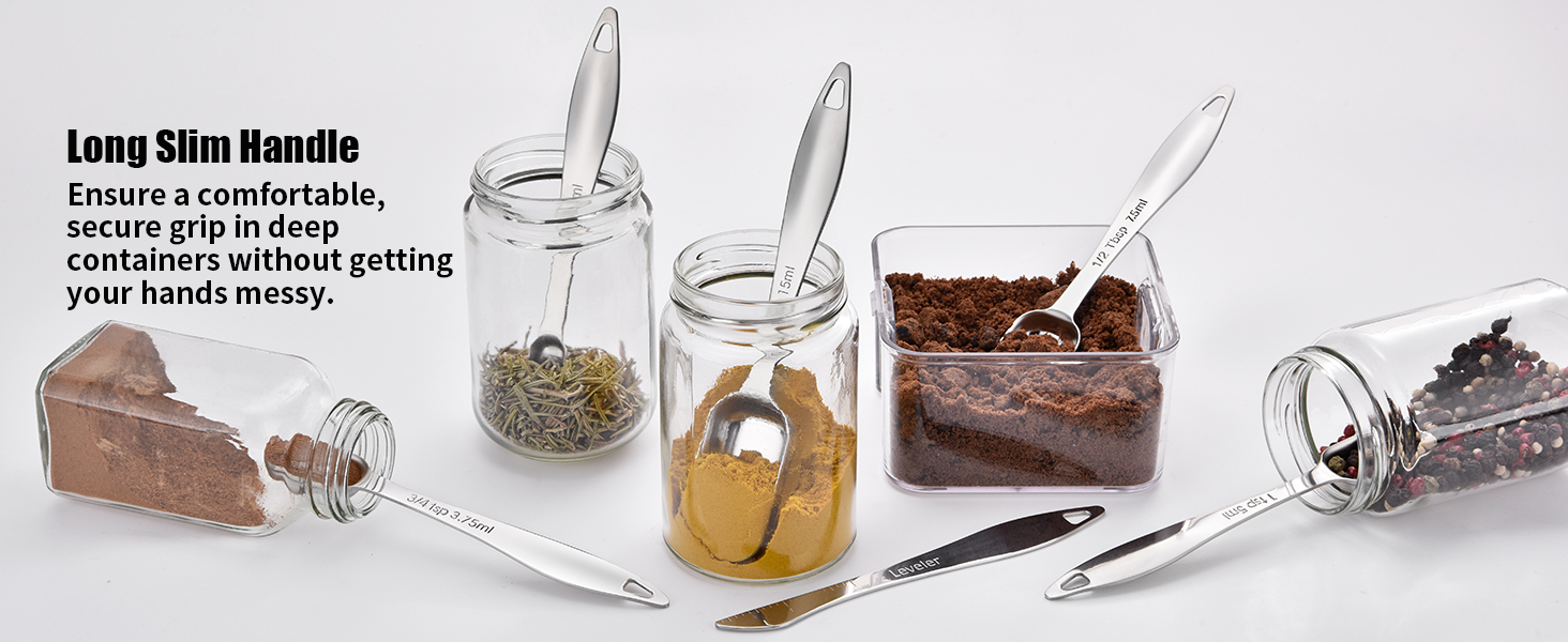 18/8 Stainless Steel Measuring Spoons: Doosu Heavy Duty Rectangular Spoon Square Teaspoon Tablespoon Scoop with Slim Long Handle in Narrow Spice Jar for Kitchen Baking Cooking (Set of 8 with Leveler)