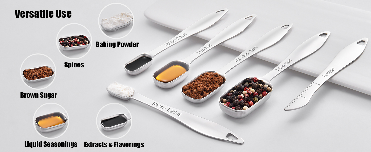 18/8 Stainless Steel Measuring Spoons: Doosu Heavy Duty Rectangular Spoon Square Teaspoon Tablespoon Scoop with Slim Long Handle in Narrow Spice Jar for Kitchen Baking Cooking (Set of 8 with Leveler)