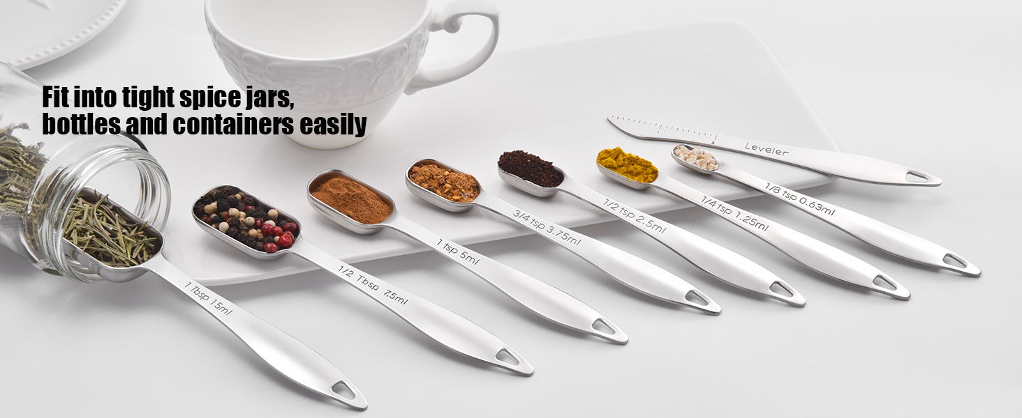 18/8 Stainless Steel Measuring Spoons: Doosu Heavy Duty Rectangular Spoon Square Teaspoon Tablespoon Scoop with Slim Long Handle in Narrow Spice Jar for Kitchen Baking Cooking (Set of 8 with Leveler)