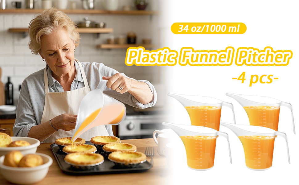 4 Pack Measuring Funnel Pitcher,PlasticMeasuring Cup with Long Spout,Large for Bakeware,Pancake,Batter,Muffin,Cakes,Soap Making,Watering Plants(1000Ml)