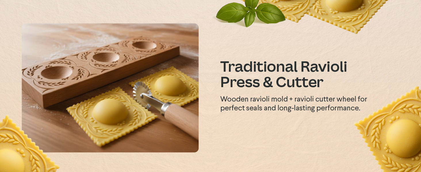 Cooking Gift Set Co. Artisanal Ravioli Maker Press, Wooden Ravioli Mold & Pasta Maker, Ravioli Press, Pasta Cutter Wheel, Ravioli Maker Tool, Guide Pasta Making Tools Set for Homemade Pasta (3 Piece)