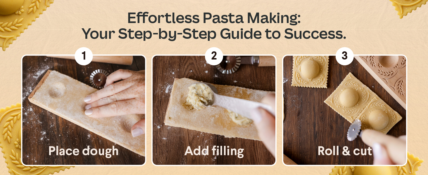 Cooking Gift Set Co. Artisanal Ravioli Maker Press, Wooden Ravioli Mold & Pasta Maker, Ravioli Press, Pasta Cutter Wheel, Ravioli Maker Tool, Guide Pasta Making Tools Set for Homemade Pasta (3 Piece)
