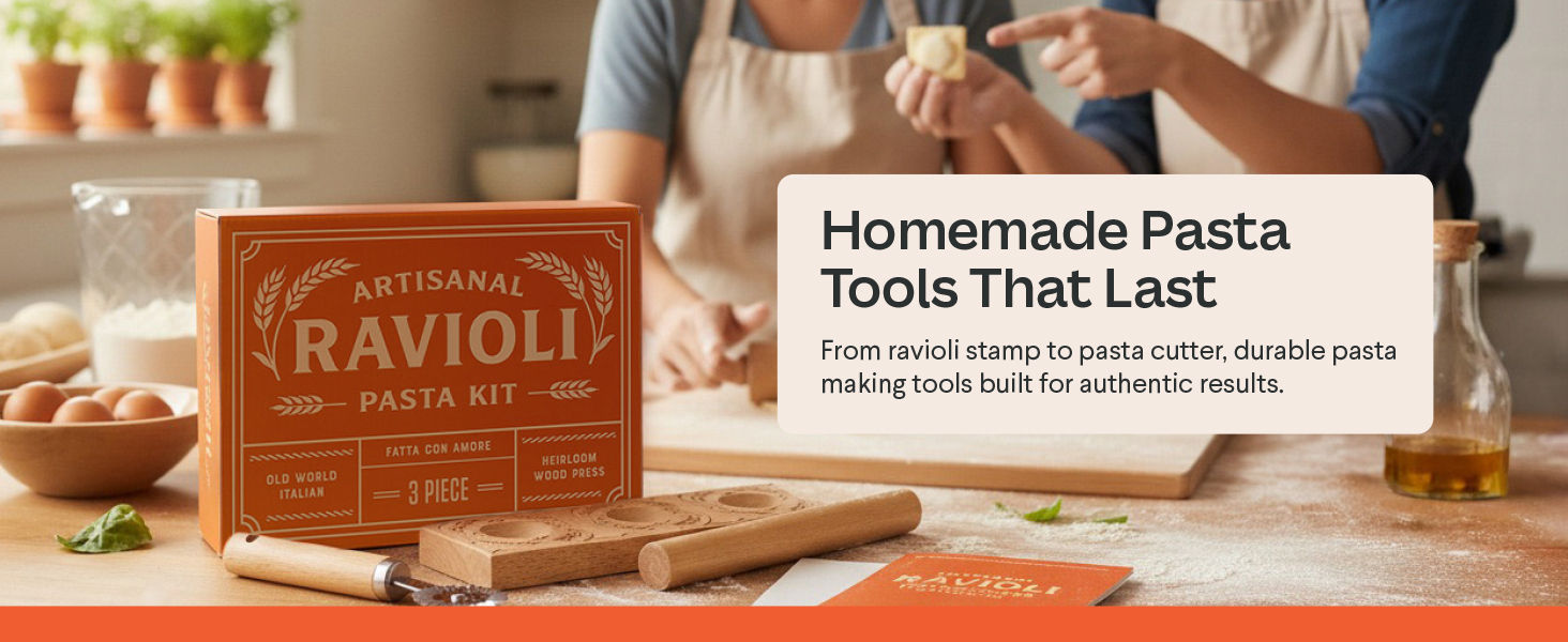 Cooking Gift Set Co. Artisanal Ravioli Maker Press, Wooden Ravioli Mold & Pasta Maker, Ravioli Press, Pasta Cutter Wheel, Ravioli Maker Tool, Guide Pasta Making Tools Set for Homemade Pasta (3 Piece)