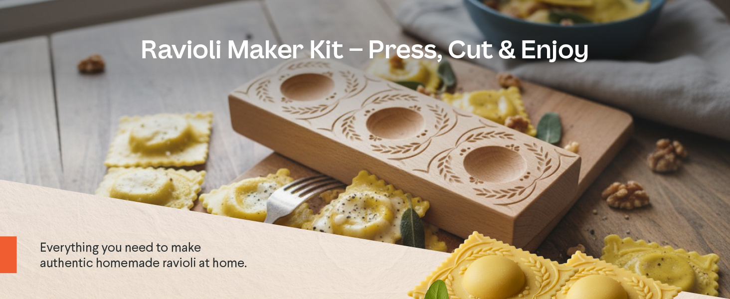 Cooking Gift Set Co. Artisanal Ravioli Maker Press, Wooden Ravioli Mold & Pasta Maker, Ravioli Press, Pasta Cutter Wheel, Ravioli Maker Tool, Guide Pasta Making Tools Set for Homemade Pasta (3 Piece)