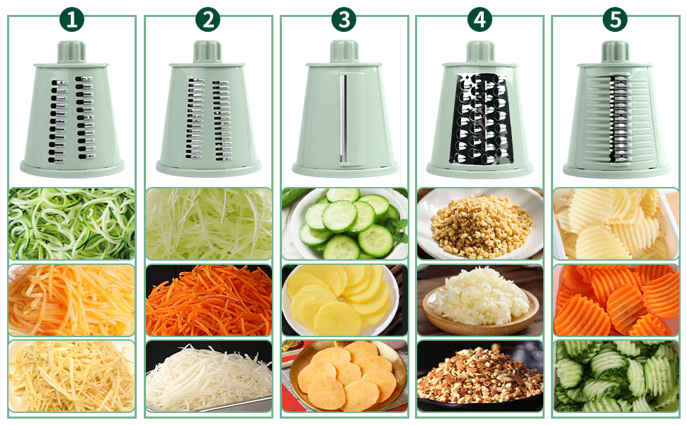 Rotary Cheese Grater with Handle, Vegetable Shredder with 5 Replaceable Blades & Strong Suction Base, Round Food Slicer & Chopper for Kitchen Fruit Vegetables Nuts with Blade Storage Box (Green)