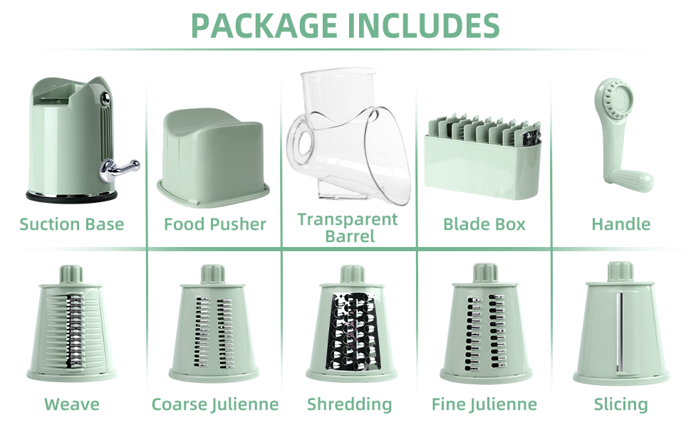 Rotary Cheese Grater with Handle, Vegetable Shredder with 5 Replaceable Blades & Strong Suction Base, Round Food Slicer & Chopper for Kitchen Fruit Vegetables Nuts with Blade Storage Box (Green)