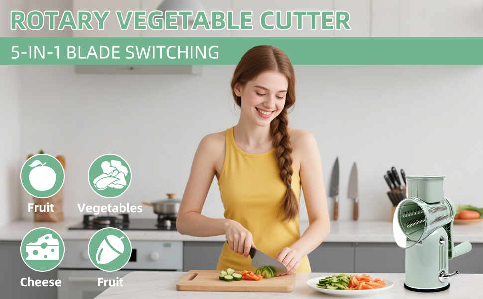 Rotary Cheese Grater with Handle, Vegetable Shredder with 5 Replaceable Blades & Strong Suction Base, Round Food Slicer & Chopper for Kitchen Fruit Vegetables Nuts with Blade Storage Box (Green)