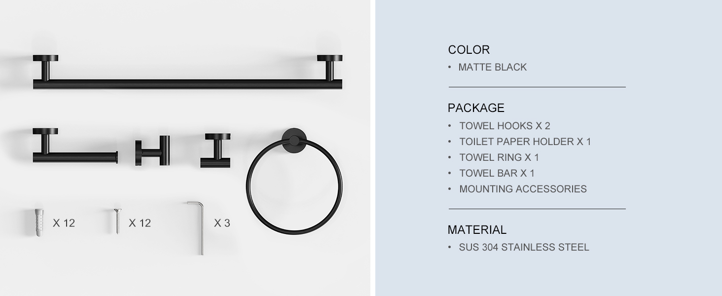 Matte Black Bathroom Hardware Accessories Set 5 Pcs SUS304 Stainless Steel Towel Rack and Toilet Paper Holder Set 26 Inch Towel Bar Set Wall Mounted by HOMEMYSTIQUE