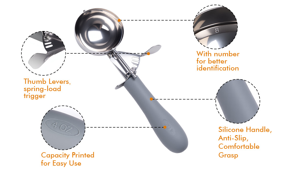 4 OZ Scoop, #8 Disher, Large Ice Cream Scoop with Trigger, Muffin Scoop, Large Cookie Scoops for Baking, Grey Handle, With Trigger for Portion Control