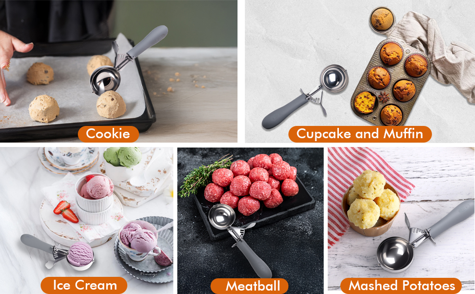 4 OZ Scoop, #8 Disher, Large Ice Cream Scoop with Trigger, Muffin Scoop, Large Cookie Scoops for Baking, Grey Handle, With Trigger for Portion Control