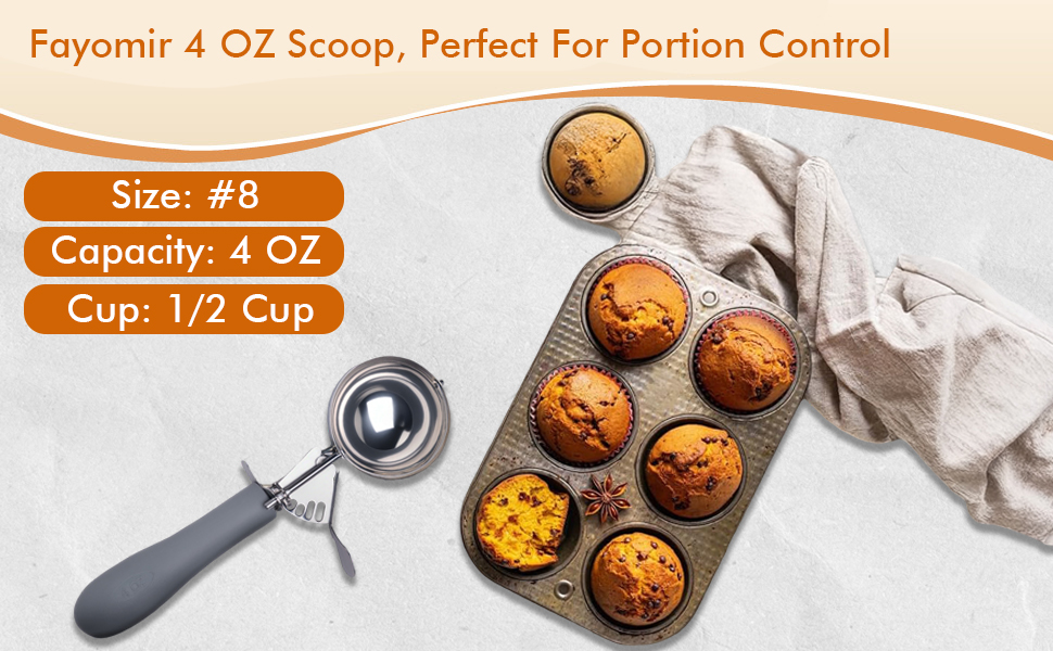 4 OZ Scoop, #8 Disher, Large Ice Cream Scoop with Trigger, Muffin Scoop, Large Cookie Scoops for Baking, Grey Handle, With Trigger for Portion Control