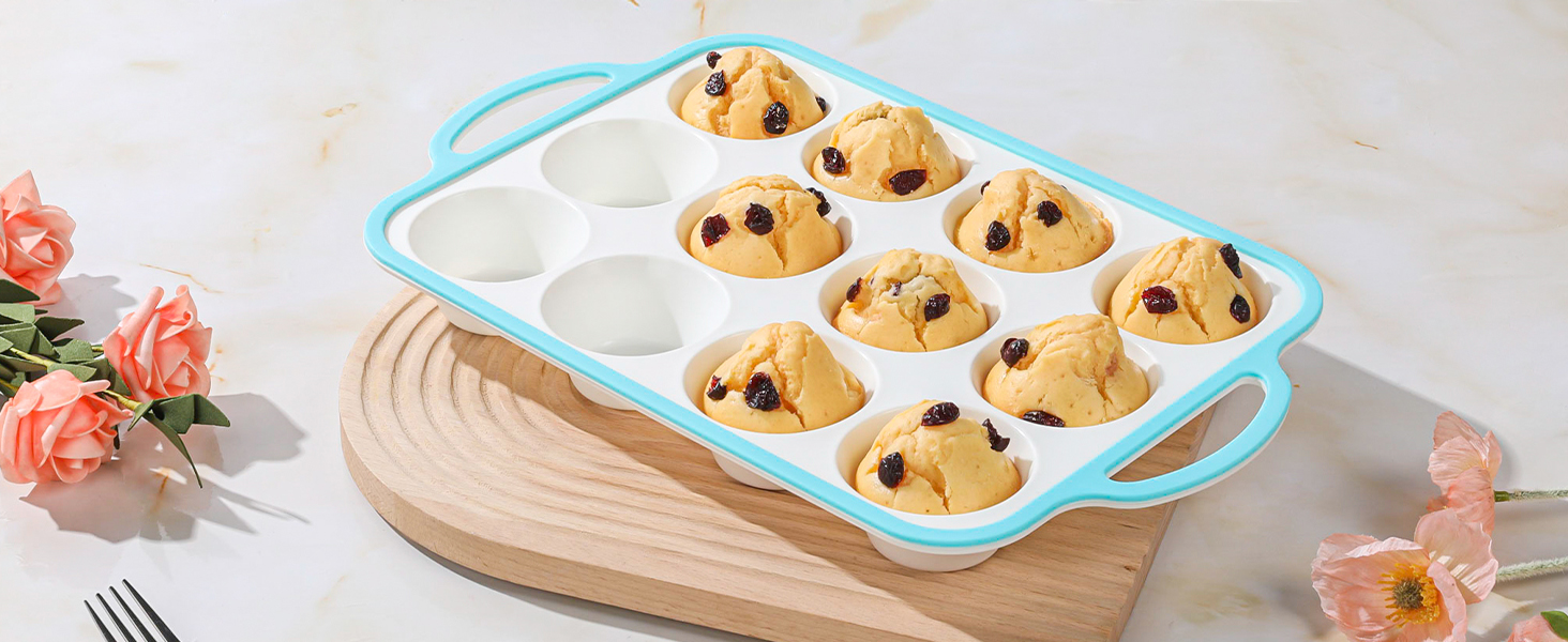Silicone Muffin Pans for Baking 2 Pack, 2.6 Inch with Metal Reinforced Frame, Regular Size Nonstick Cupcake Pan 12 Cups for Baking Homemade Muffins, Dishwasher Safe BPA Free-Blue