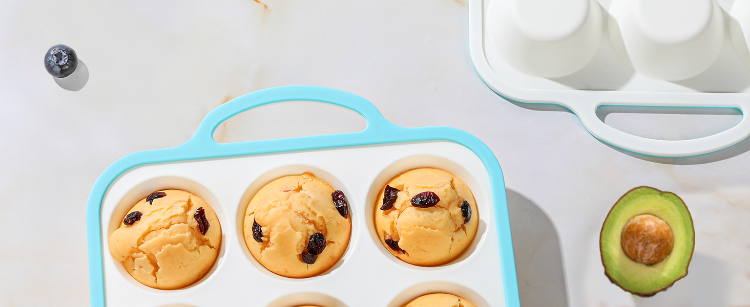 Silicone Muffin Pans for Baking 2 Pack, 2.6 Inch with Metal Reinforced Frame, Regular Size Nonstick Cupcake Pan 12 Cups for Baking Homemade Muffins, Dishwasher Safe BPA Free-Blue