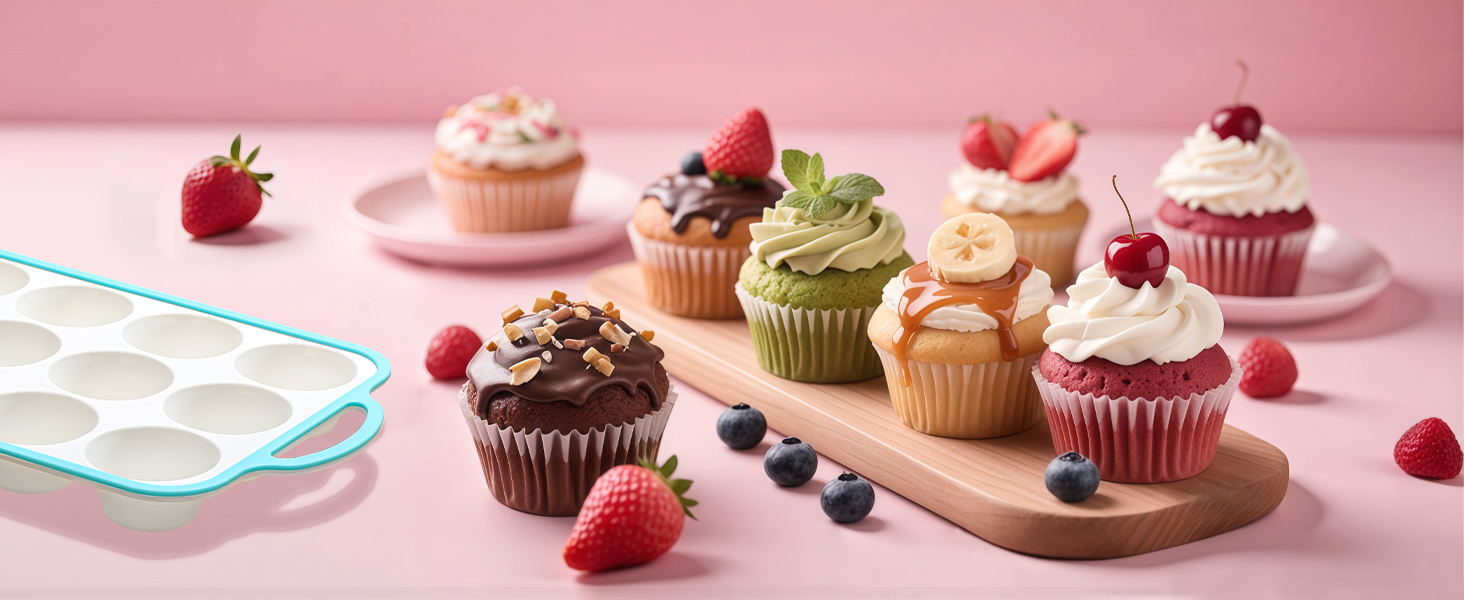 Silicone Muffin Pans for Baking 2 Pack, 2.6 Inch with Metal Reinforced Frame, Regular Size Nonstick Cupcake Pan 12 Cups for Baking Homemade Muffins, Dishwasher Safe BPA Free-Blue