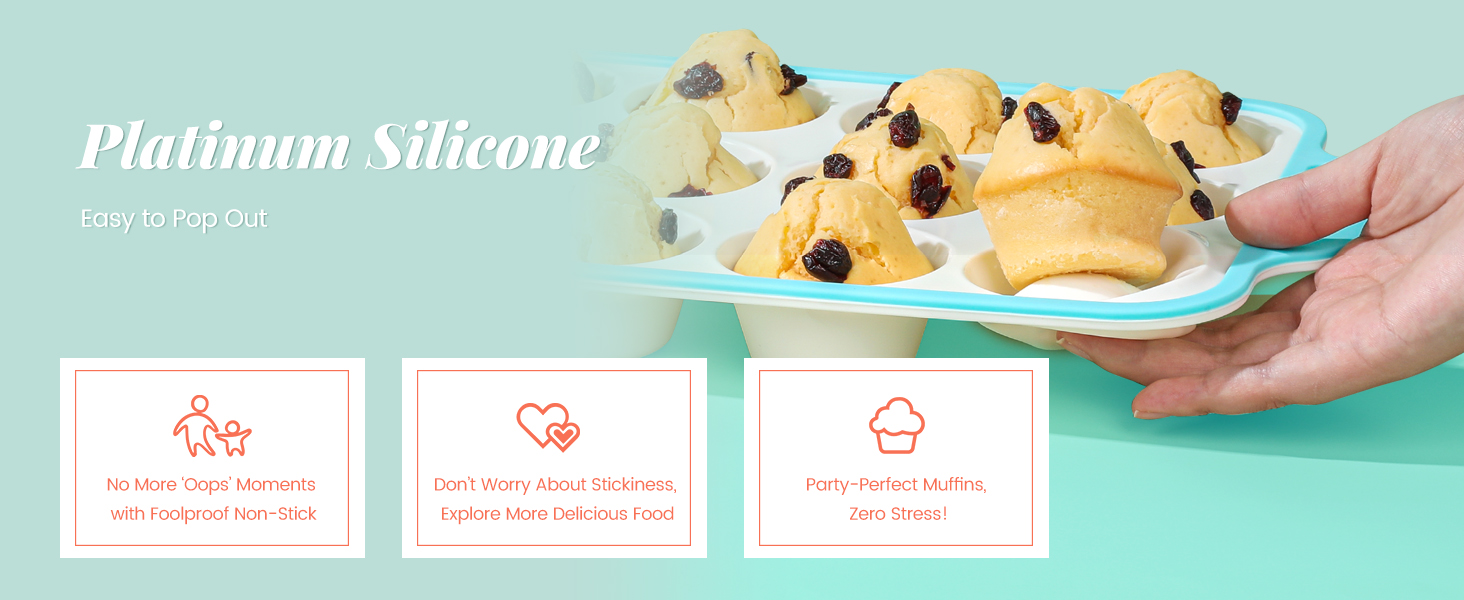 Silicone Muffin Pans for Baking 2 Pack, 2.6 Inch with Metal Reinforced Frame, Regular Size Nonstick Cupcake Pan 12 Cups for Baking Homemade Muffins, Dishwasher Safe BPA Free-Blue