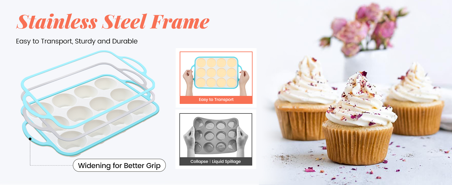 Silicone Muffin Pans for Baking 2 Pack, 2.6 Inch with Metal Reinforced Frame, Regular Size Nonstick Cupcake Pan 12 Cups for Baking Homemade Muffins, Dishwasher Safe BPA Free-Blue