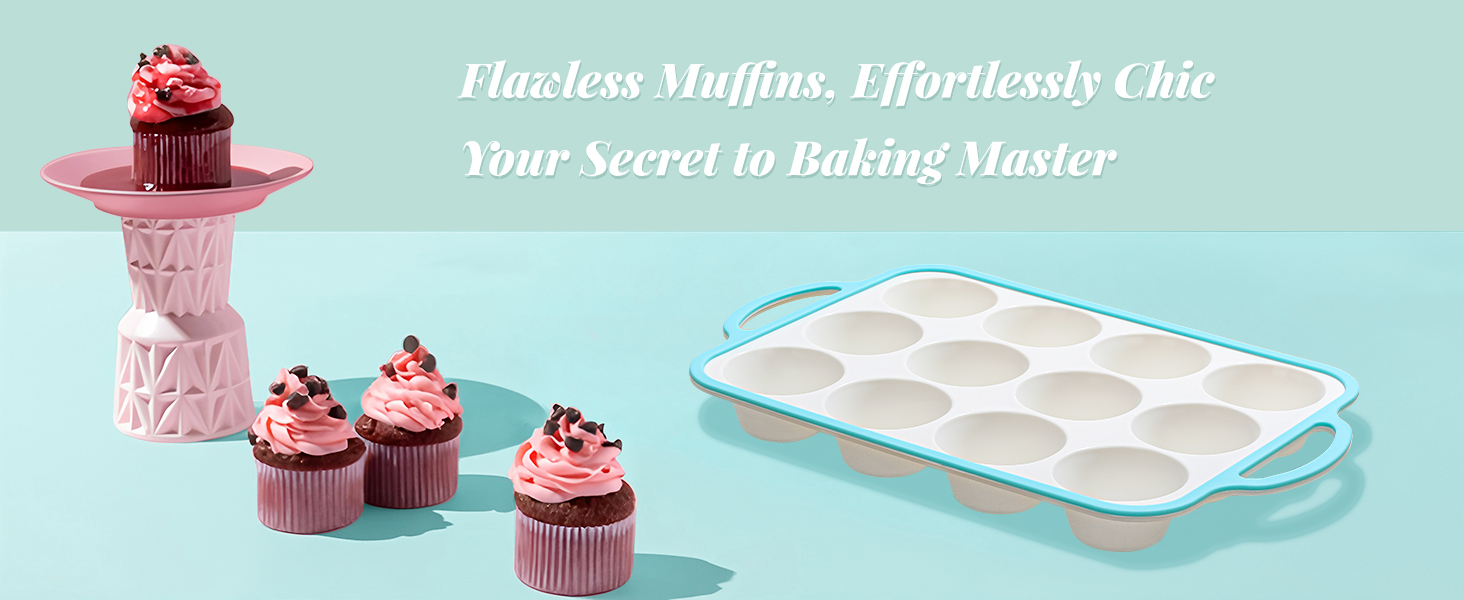 Silicone Muffin Pans for Baking 2 Pack, 2.6 Inch with Metal Reinforced Frame, Regular Size Nonstick Cupcake Pan 12 Cups for Baking Homemade Muffins, Dishwasher Safe BPA Free-Blue