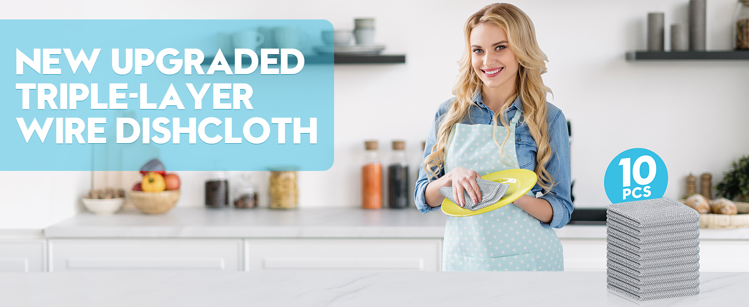 10 Pcs New Upgraded 3 Layers Non Scratch Wire Dishcloth, Multipurpose Wire Dishwashing Rags, Wet & Dry for Cookware, Sinks, Dishes, Stoves & Fireplaces (7.87 x 7.87-10pcs)