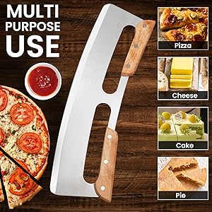 SCHVUBENR 14'' Pizza Cutter Rocker with Large Cover - Sharp Stainless Steel Pizza Slicer with Wooden Handles - Large Pizza Knife Cutter Wheel - Easy to Use & Clean - Slice Pizza with Ease