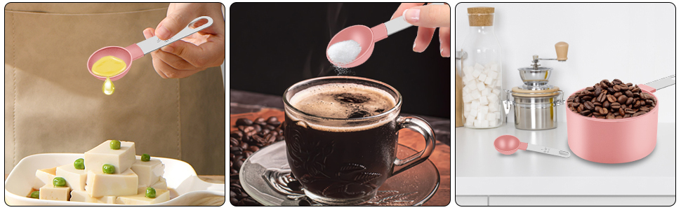 Measuring Cups and Spoons Set, 10 Pieces Nesting Measure Tools, Kitchen Essentials Gadgets with Stainless Steel Handle for Dry & Liquid Ingredient, Pink