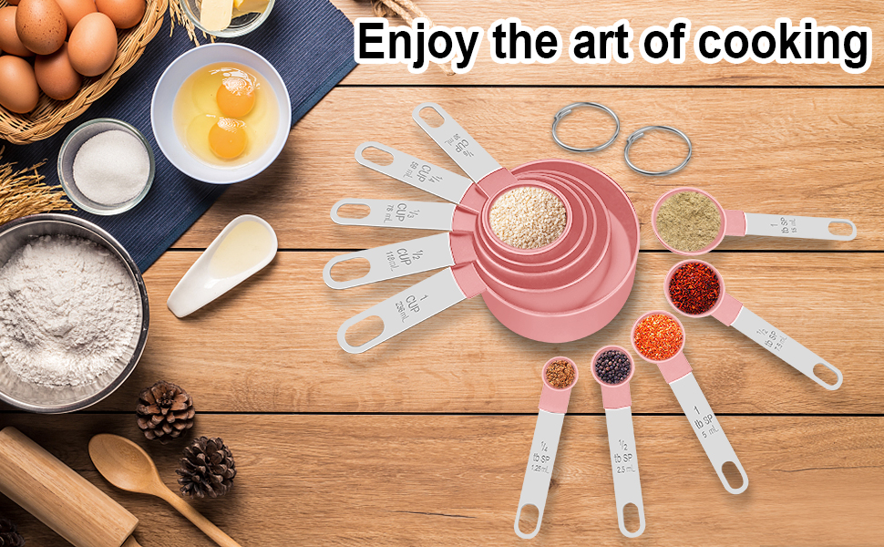 Measuring Cups and Spoons Set, 10 Pieces Nesting Measure Tools, Kitchen Essentials Gadgets with Stainless Steel Handle for Dry & Liquid Ingredient, Pink