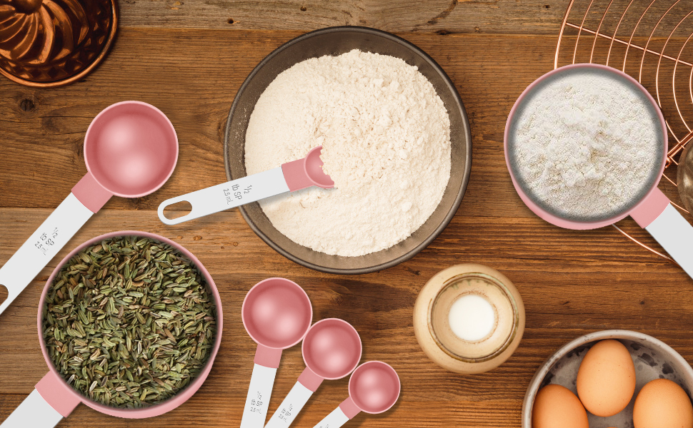 Measuring Cups and Spoons Set, 10 Pieces Nesting Measure Tools, Kitchen Essentials Gadgets with Stainless Steel Handle for Dry & Liquid Ingredient, Pink