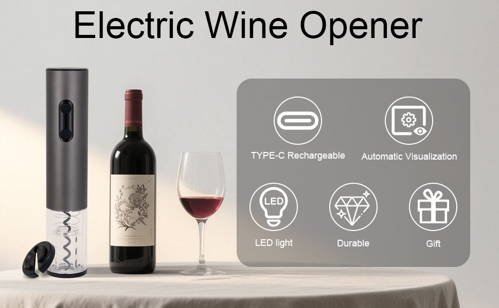 Electric Wine Opener,Rechargeable Automatic Wine Corkscrew with Foil Cutter, Type-C Charging Wine Openers With LED Light For Wine Lovers Gift Christmas Home Bar Party