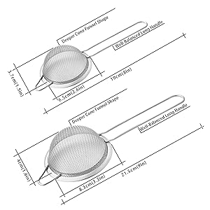 2 Pack Fine Mesh Strainers, Mini Stainless Steel Strainer with Handle for Kitchen, Metal Sieve Sifters for Straining Tea, Matcha, Cocktail, Juice and Coffee (8.6in 7.5in)