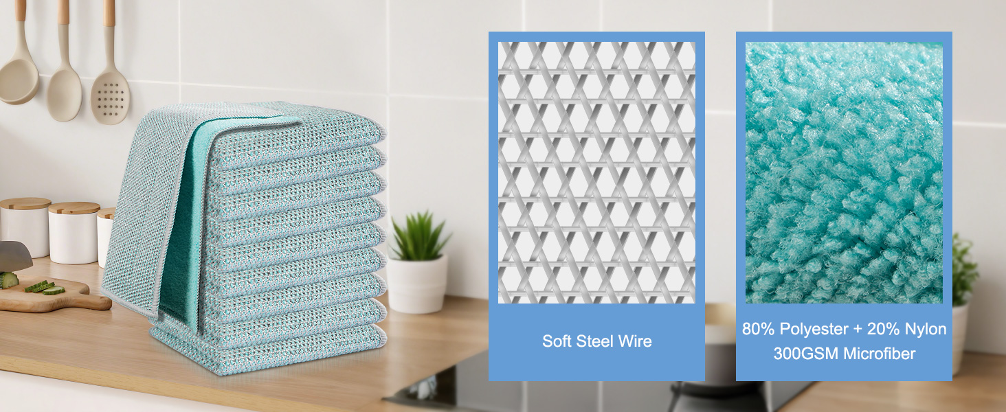 10pcs New Upgrade 2-Layer Microfiber Wire Dishcloth,Non-Scratch Wire Dishwashing Rags for Wet and Dry,Metal Scrubbers, Kitchen Miracle Cleaning Dish Rags for Cookware,Sinks, Dishes,Stove,Blue