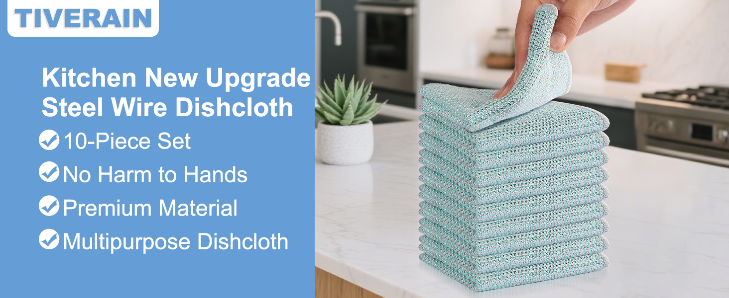 10pcs New Upgrade 2-Layer Microfiber Wire Dishcloth,Non-Scratch Wire Dishwashing Rags for Wet and Dry,Metal Scrubbers, Kitchen Miracle Cleaning Dish Rags for Cookware,Sinks, Dishes,Stove,Blue