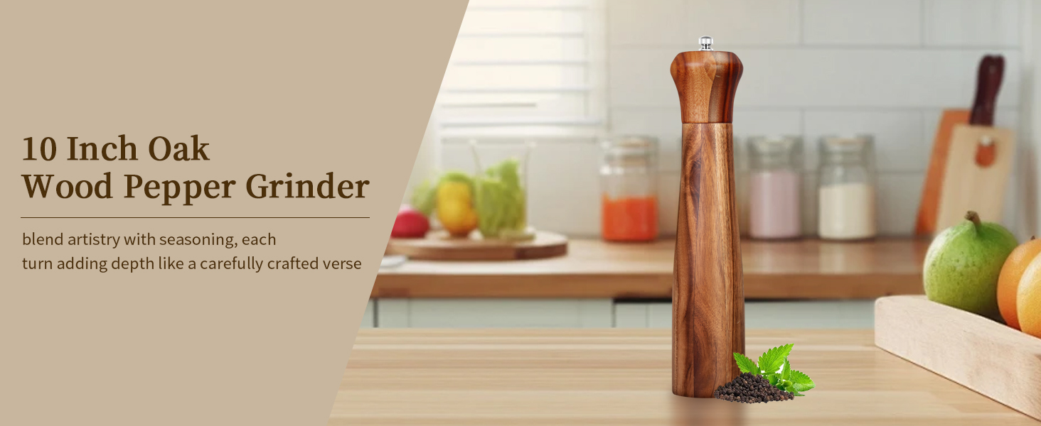 1 Pack - 10 Inch tall Acacia Wood Pepper Grinder or Salt Mill Elegant Pepper Mill Wooden with a Adjustable Ceramic Rotor and Easily Refillable - Wood Salt Grinder for Your Kitchen