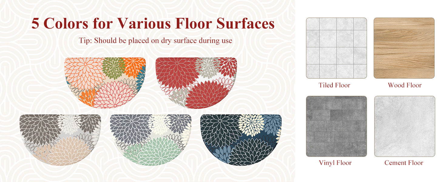 KIMODE Half Circle Kitchen Mats for Floor Cushioned Anti Fatigue,Semi Round Floral Boho Kitchen Rug Non Slip,Waterproof Padded Kitchen Floor Mat Carpet Decor for Sink Laundry Bathroom,Red