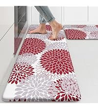 KIMODE Half Circle Kitchen Mats for Floor Cushioned Anti Fatigue,Semi Round Floral Boho Kitchen Rug Non Slip,Waterproof Padded Kitchen Floor Mat Carpet Decor for Sink Laundry Bathroom,Red