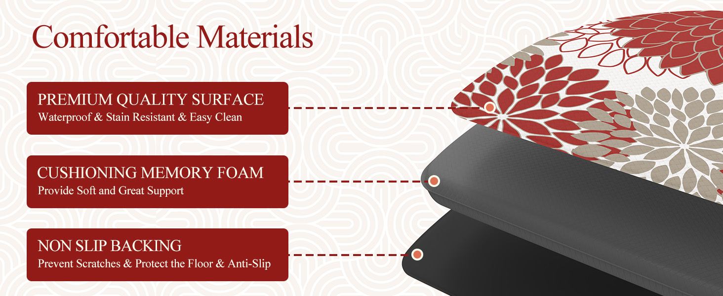 KIMODE Half Circle Kitchen Mats for Floor Cushioned Anti Fatigue,Semi Round Floral Boho Kitchen Rug Non Slip,Waterproof Padded Kitchen Floor Mat Carpet Decor for Sink Laundry Bathroom,Red