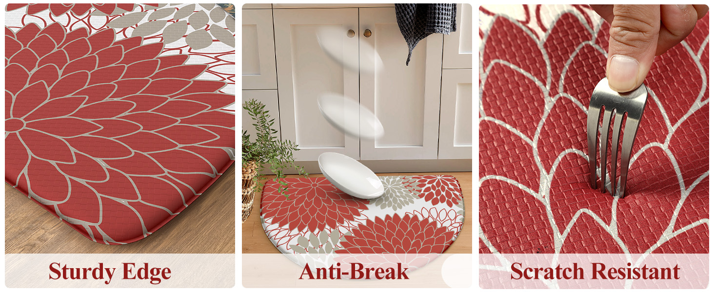 KIMODE Half Circle Kitchen Mats for Floor Cushioned Anti Fatigue,Semi Round Floral Boho Kitchen Rug Non Slip,Waterproof Padded Kitchen Floor Mat Carpet Decor for Sink Laundry Bathroom,Red