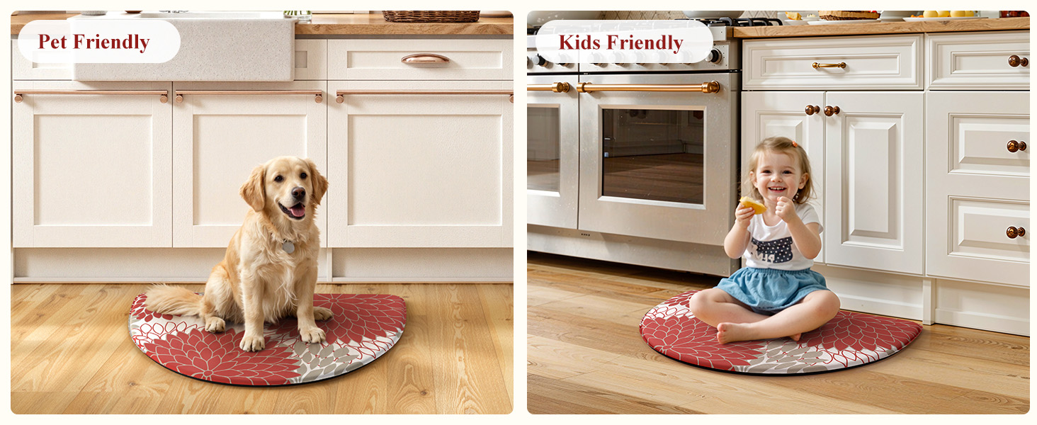 KIMODE Half Circle Kitchen Mats for Floor Cushioned Anti Fatigue,Semi Round Floral Boho Kitchen Rug Non Slip,Waterproof Padded Kitchen Floor Mat Carpet Decor for Sink Laundry Bathroom,Red