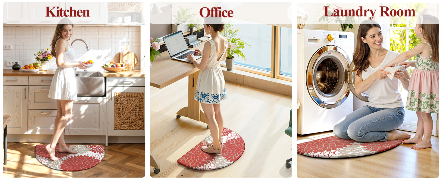 KIMODE Half Circle Kitchen Mats for Floor Cushioned Anti Fatigue,Semi Round Floral Boho Kitchen Rug Non Slip,Waterproof Padded Kitchen Floor Mat Carpet Decor for Sink Laundry Bathroom,Red