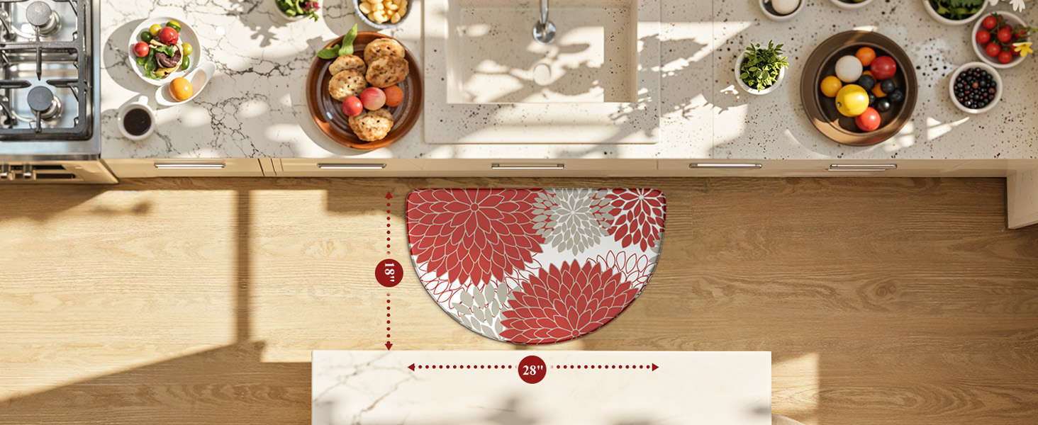 KIMODE Half Circle Kitchen Mats for Floor Cushioned Anti Fatigue,Semi Round Floral Boho Kitchen Rug Non Slip,Waterproof Padded Kitchen Floor Mat Carpet Decor for Sink Laundry Bathroom,Red