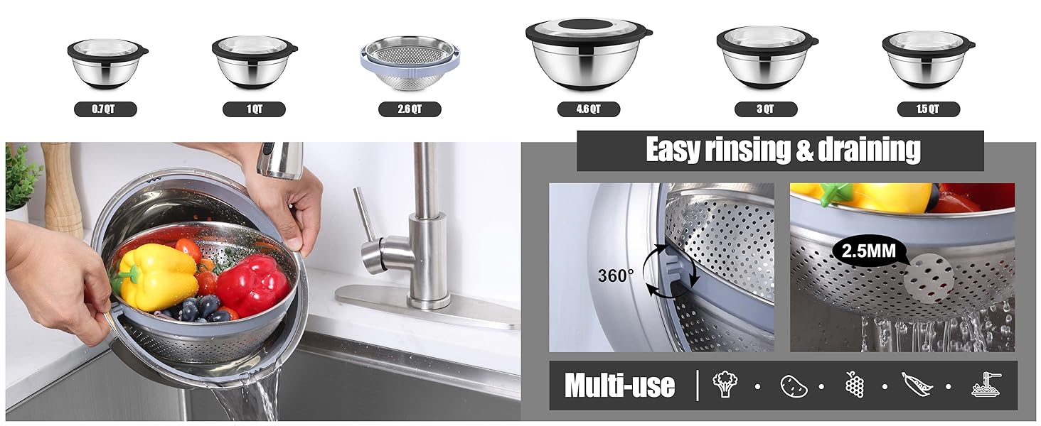 E-far Mixing Bowls with Lids Set, 15PCS Stainless Steel Mixing Nesting Bowl with Colander & 3 Metal Grater for Kitchen Prep/Baking/Storage, Non-Slip Bottom & Airtight Lid, 4.6, 3, 1.5, 1, 0.7QT, Black