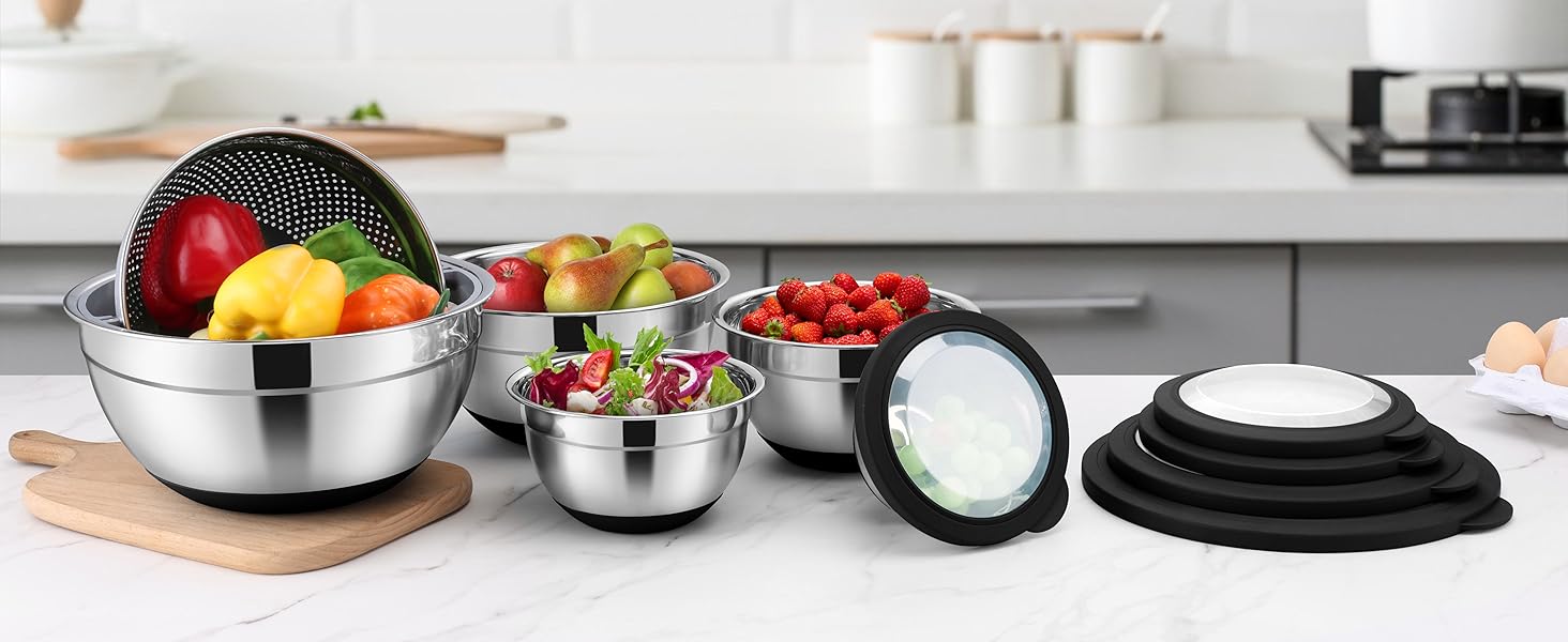 E-far Mixing Bowls with Lids Set, 15PCS Stainless Steel Mixing Nesting Bowl with Colander & 3 Metal Grater for Kitchen Prep/Baking/Storage, Non-Slip Bottom & Airtight Lid, 4.6, 3, 1.5, 1, 0.7QT, Black
