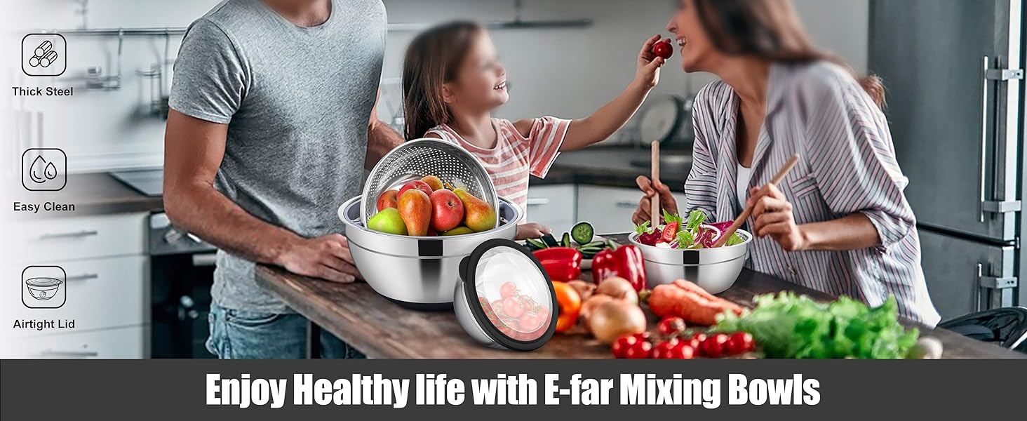 E-far Mixing Bowls with Lids Set, 15PCS Stainless Steel Mixing Nesting Bowl with Colander & 3 Metal Grater for Kitchen Prep/Baking/Storage, Non-Slip Bottom & Airtight Lid, 4.6, 3, 1.5, 1, 0.7QT, Black