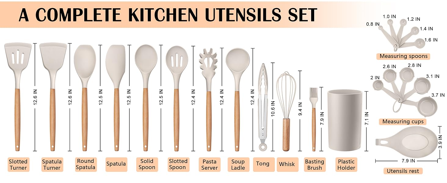 HaWare Kitchen Cooking Utensils Set, 23-Piece Silicone Kitchen Utensils Spatula Set with Holder, Heat Resistant Wooden Handle Kitchen Gadget for Nonstick Cookware, Food-grade Turner Spoon Sets (Khaki)