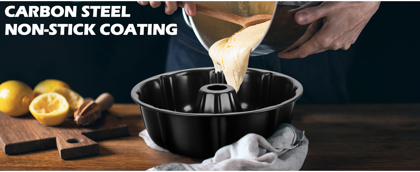 Leonyo 10Inch Nonstick Fluted Cake Pan, Heavy Duty Nonstick 10 Cups Carbon Steel Round Tube Pan for Baking Pound Cake, Oven Safe, Black