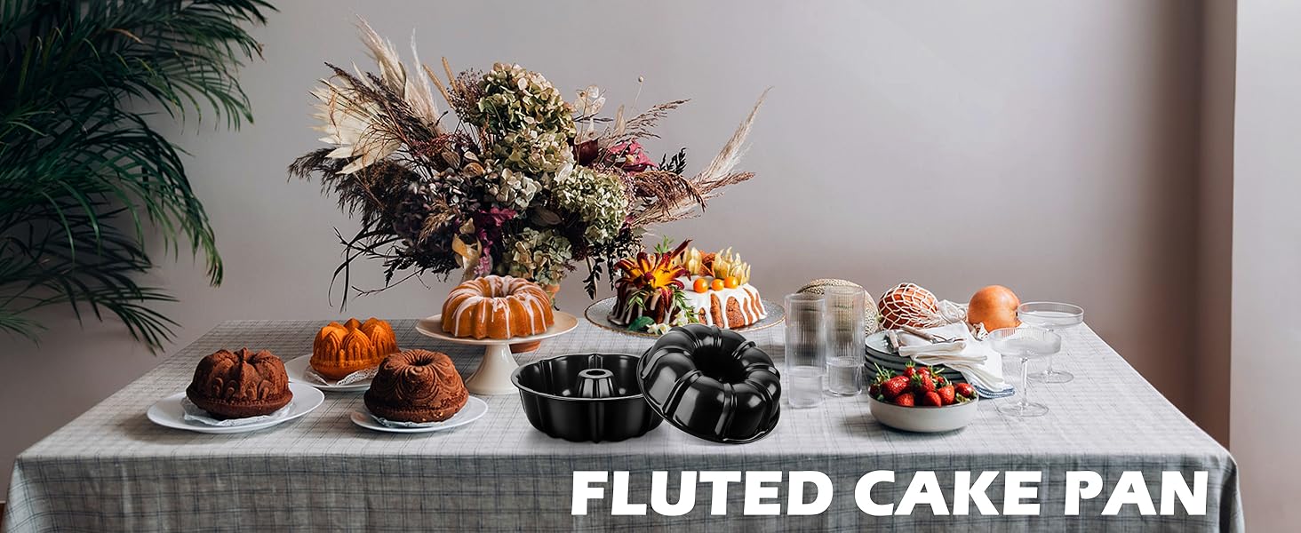 Leonyo 10Inch Nonstick Fluted Cake Pan, Heavy Duty Nonstick 10 Cups Carbon Steel Round Tube Pan for Baking Pound Cake, Oven Safe, Black