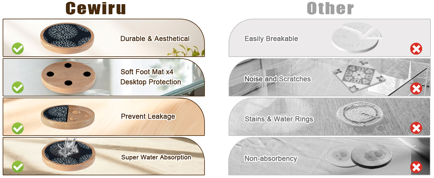 Wood Coasters Set of 4 with Holder, Cewiru Cup Mat for Drinks, Absorbent Coasters with Felt Insert for Coffee Table Protection, Modern Style Home Dining Table Decor, 4.3