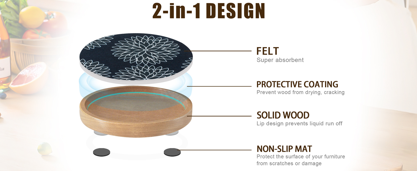 Wood Coasters Set of 4 with Holder, Cewiru Cup Mat for Drinks, Absorbent Coasters with Felt Insert for Coffee Table Protection, Modern Style Home Dining Table Decor, 4.3