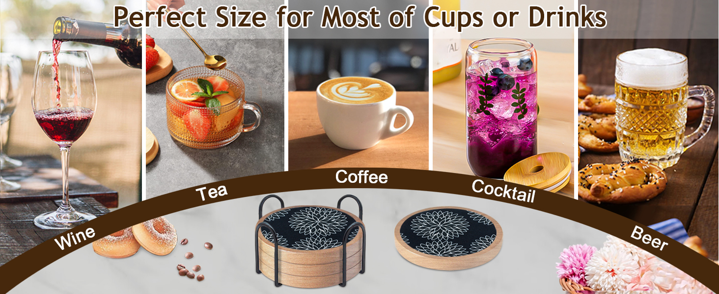 Wood Coasters Set of 4 with Holder, Cewiru Cup Mat for Drinks, Absorbent Coasters with Felt Insert for Coffee Table Protection, Modern Style Home Dining Table Decor, 4.3