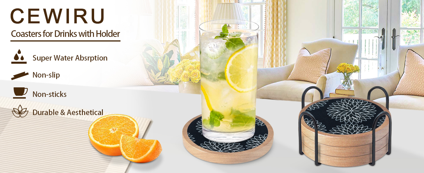 Wood Coasters Set of 4 with Holder, Cewiru Cup Mat for Drinks, Absorbent Coasters with Felt Insert for Coffee Table Protection, Modern Style Home Dining Table Decor, 4.3