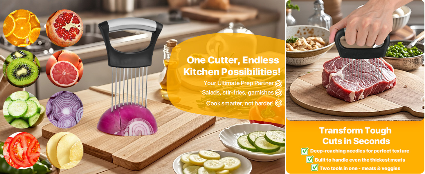 【2 PCS】Onion Holder for Slicing - Stainless Steel Vegetable & Fruit Cutter Chopper for Onions, Tomatoes, Avocados, Potatoes, Eggs, Meat & Lemon - Kitchen Slicer Assistant with Neat Guide & Tenderizer.